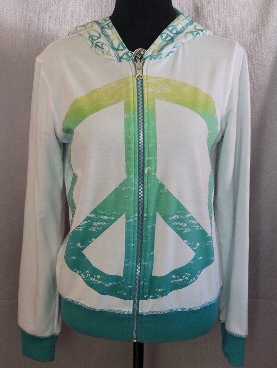Tops - Peace Sign Zip Hoodie in Mint and Teal